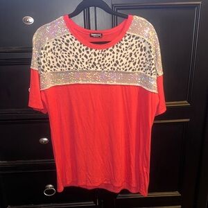 Hemish Lg Pink Leopard Sequin Short Sleeve Top